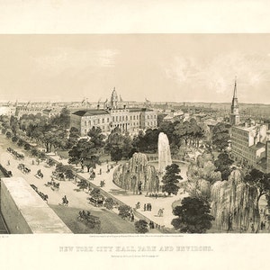 New Yorker Rathaus, Park und Umgebung in Manhattan, NY.  Bachmann, 1849. Vintage Landkarte, Reproduktion.  In verschiedenen Größen erhältlich.