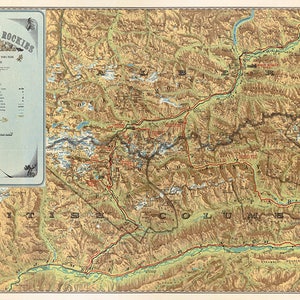 Map of The Canadian Rockies. Banff National Park. Yoho Park. Kootenay Park.  Vintage Deco Style old wall reproduction map print.