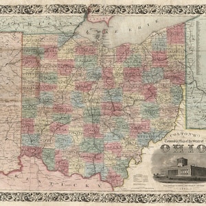 Map Of Ohio OH including county line, 1851. Vintage home Deco Style old wall reproduction map print.