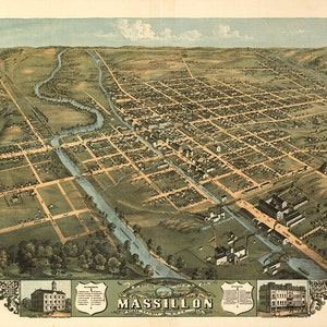 Massillon, Stark County, Ohio 1870. Vintage Restaurierung Hardware home Deco Style alte Wand Reproduktion Karte drucken.