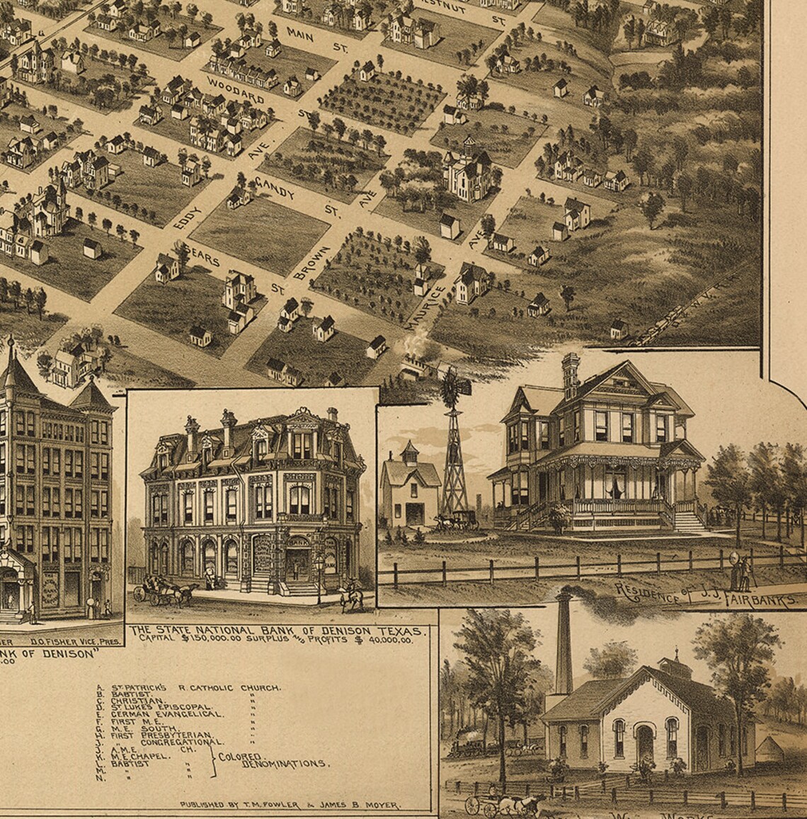 Map of Denison Texas TX Grayson County 1891. Vintage Etsy