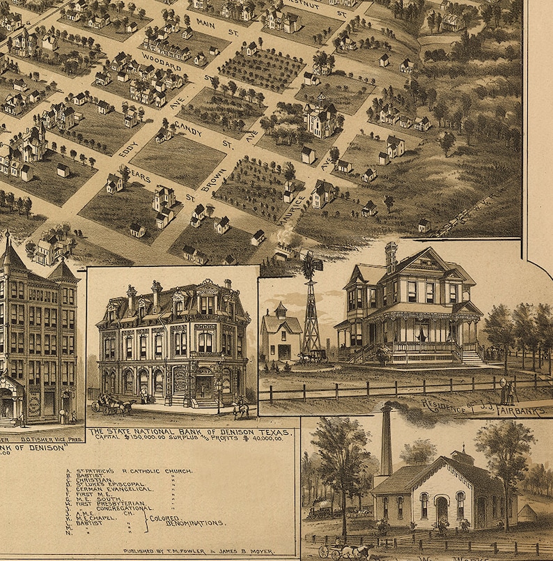 Map of Denison Texas TX Grayson County 1891. Vintage Etsy