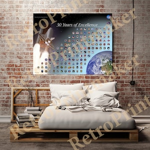 May include: A poster commemorating 30 years of NASA's Space Shuttle program. The poster features a collage of space shuttle missions, logos, and astronauts. The poster is printed on a white background with blue and white accents.