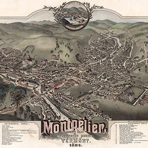 Karte von Montpelier, Washington County & Hauptstadt von Vermont: 1884 Historische Reproduktion aus der Vogelperspektive