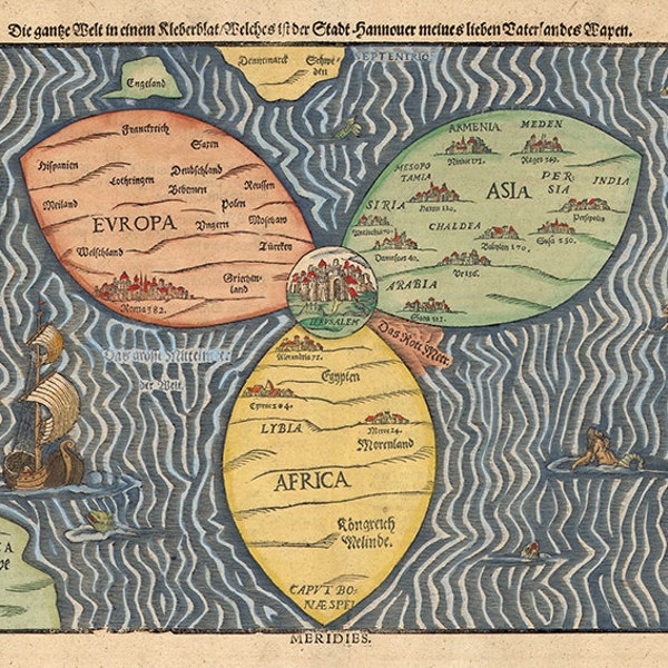 Bunting clover leaf World map by Heinrich Bünting, 1581.  Vintage restoration hardware home Deco Style old wall reproduction map print.