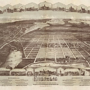 Mappa di Riverhead, Long Island, New York, 1890. Riproduzione di una vecchia mappa murale in stile Déco.