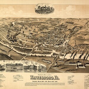Waynesboro, Virginia Va., Augusta Co. 1891  Reproduction Vintage Perspective map.  Available in different size.