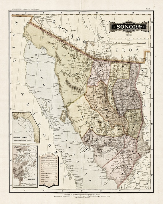 Map of Sonora Mexico 1886. Vintage Home Deco Style Old Wall Etsy