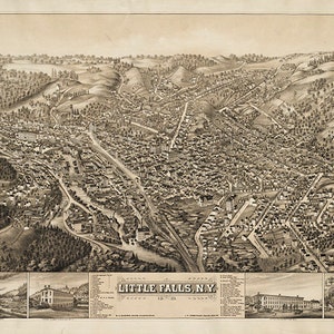 Mapa de Little Falls, Condado de Herkimer, Nueva York NY 1881.  Restauración vintage de hardware casero Deco Style antigua reproducción de pared mapa impreso.