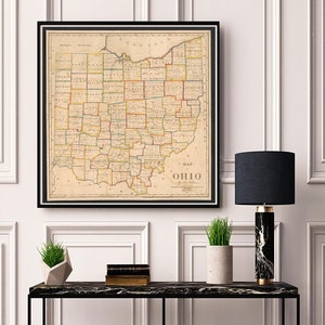 Kaart van Ohio OH 1822. Vintage restauratiehardware home deco-stijl oude muurreproductie kaartafdruk.