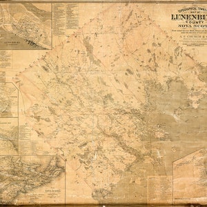 Carte du comté de Lunenburg, Nouvelle-Écosse, Canada 1883. Reproduction ancienne de style déco maison.