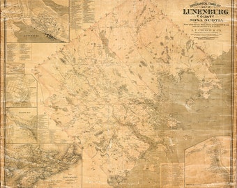 Map of Lunenburg County, Nova Scotia, Canada 1883. Home Deco Style Old Reproduction.