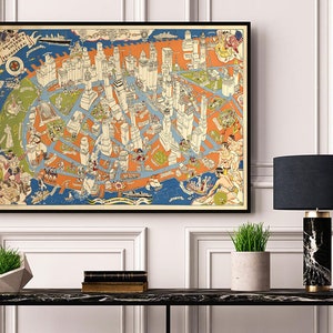 Mapa ilustrado del centro de Manhattan, Nueva York. Reproducción de mapa mural de estilo art déco vintage.