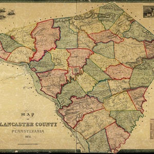 Map of Lancaster County, Pennsylvania, PA 1851. Restoration Hardware Home Deco Style Old Wall Vintage Giclee Reproduction.