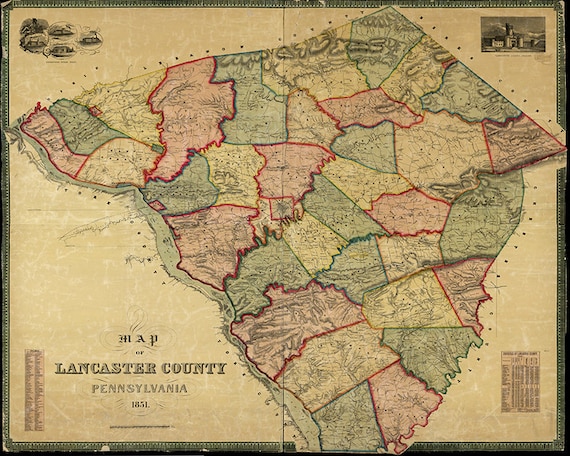 Map of Lancaster County Pennsylvania PA 1851. Restoration - Etsy