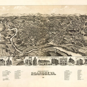 Roanoke (Big Lick), Roanoke Valley, Virginia Va., 1891 Reproduktion Vintage Perspektive Karte.  Erhältlich in verschiedenen Größen.