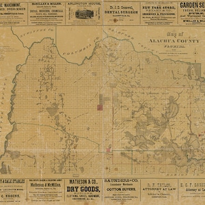 Kaart van Alachua County, Florida, FL, jaren 1880. Home Deco-stijl oude muur vintage herdruk.