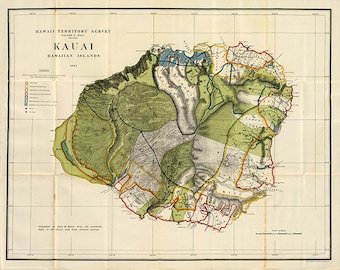 Map of Kauai, Hawaiian islands, 1906.   Restoration Hardware Home Deco Style Old Wall Vintage Reprint.