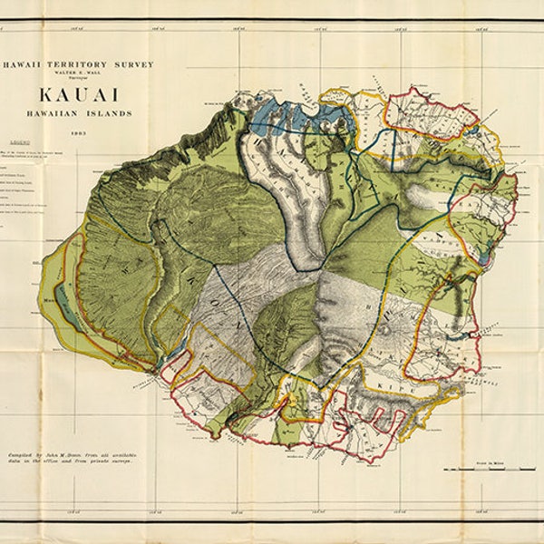 Map of Kauai, Hawaiian islands, 1906.   Restoration Hardware Home Deco Style Old Wall Vintage Reprint.