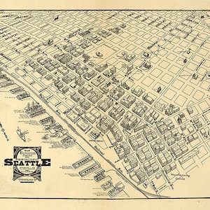 Mapa periscópico del distrito comercial principal de Seattle, Washington, 1903. Mapa de pared estilo Home Deco de Restoration Hardware. Reproducción vintage.