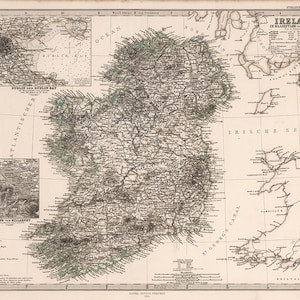 Carte de l'Irlande, 1866. Reproduction de carte murale ancienne de style déco maison vintage.