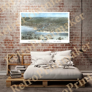 Puede incluir: Un mapa antiguo de vista de pájaro de Chicago en 1868. El mapa muestra el diseño de la ciudad con calles, edificios y el río Chicago. El mapa está impreso en blanco y negro con algunos acentos de color.