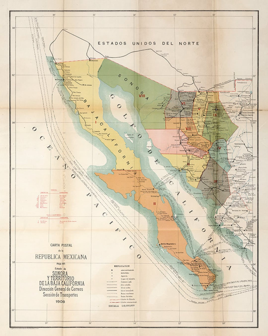 Map of Sonora and Baja California Mexico 1908 picture