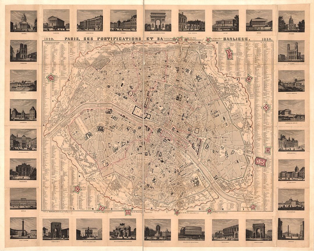 1850 年のフランス、パリの地図。非常に詳細な地図。ホームデコ