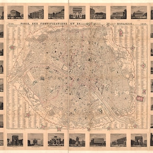Landkarte von Paris, Frankreich, 1850. Hoch detaillierte Karte.  Landkarte im Vintage-Stil, Reproduktion.