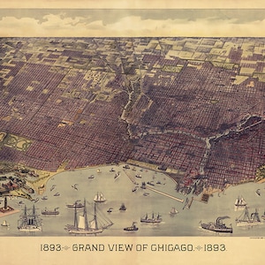 Chicago, Illinois w Grand View 1893. Reynertson & Beckerman. Vintage reprodukcja mapy z lotu ptaka. Dostępna w wielu rozmiarach
