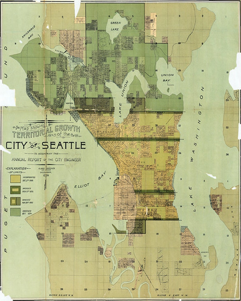 Map of Seattle Puget Sound Washington WT 1891. Vintage - Etsy