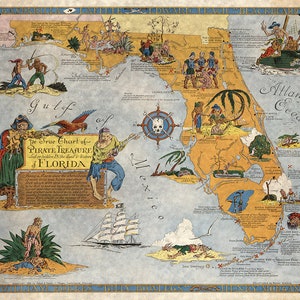 Ye True Chart of Buried Treasure in the Land & Waters of Florida. impression de carte de reproduction murale ancienne de style déco de maison vintage.