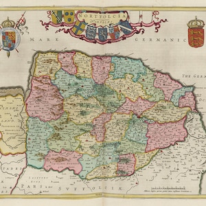 Map of Norfolk, England UK 1661.  Vintage Home Deco Style Old Wall Map Reproduction