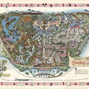 Disneyland Map - Panorama-Vogelansicht-Karte von Disneyland. Vintage Wanddekoration, Reproduktion einer alten Karte.