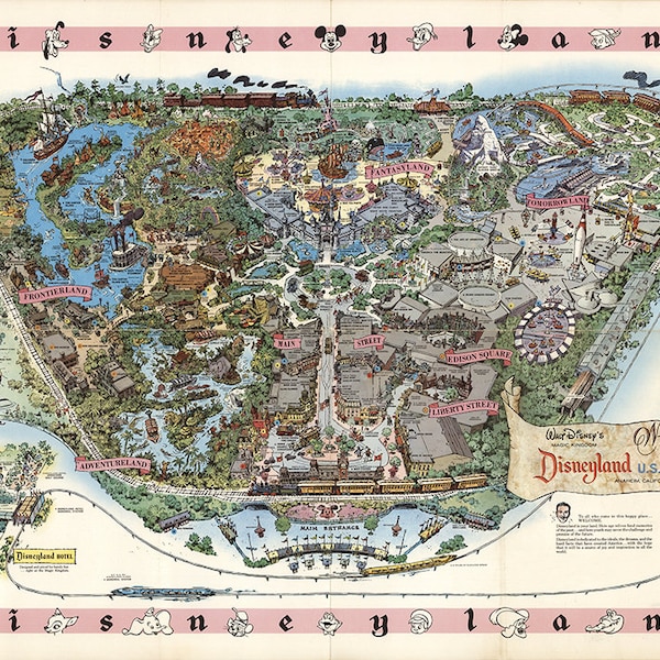 Disneyland Map - Panoramic Birds Eye View Map of Disney land. Vintage home Decor Style old wall reproduction map print.