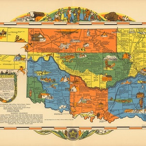 Pictorial Map of Oklahoma. Vintage home Decor Style old wall reproduction map print.