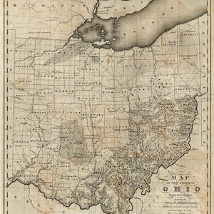 Kaart van Ohio OH, inclusief provinciegrens, 1820. Vintage restauratiehardware deco-stijl oude muurreproductiekaart.