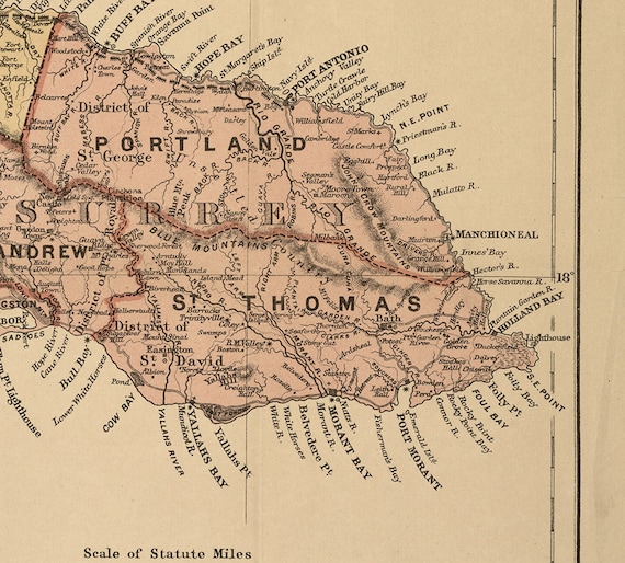 Map of Jamaica, 1893. Vintage Restoration Hardware Home Deco Style