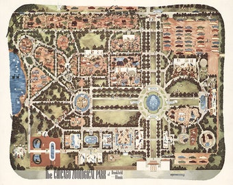 Pictorial Map of Brookfield Zoo (Chicago Zoological Park). Home Deco Style Old Reproduction.
