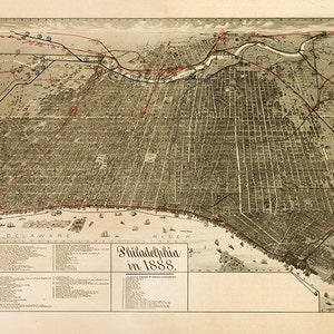 Mapa de Filadelfia, Pensilvania, PA, 1888. Muestra las terminales y rutas de los ferrocarriles "Penna", "Phila. Reading" y "B&O".