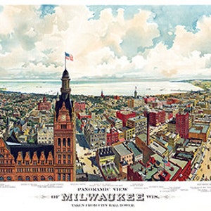 Milwaukee, Wisconsin, WI., mit Blick auf die Rathausturmkarte, ca. 1898. WI0001 Vintage Reproduktion Vogelperspektive Druck Poster
