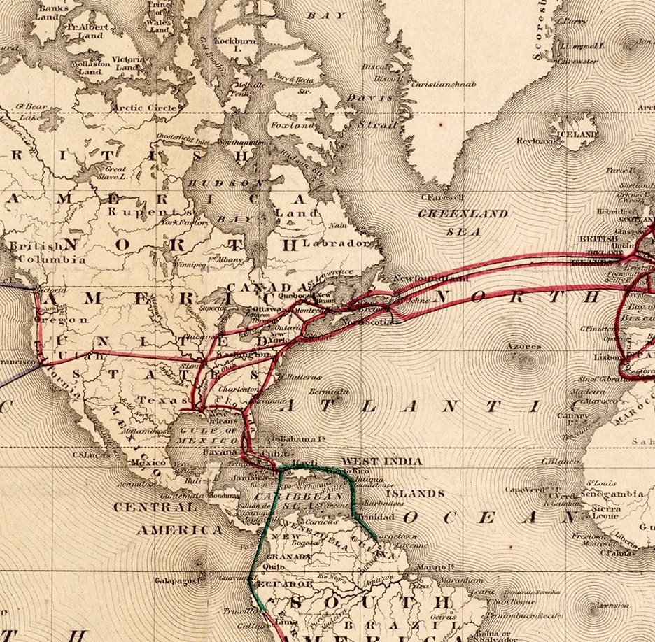 Map of the Telegraph Lines in Operation of the Globe in 1872. Etsy