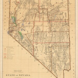 Map of State of State Bundesstaat Nevada, Nevada 1876. Vintage Wandreproduktion eine alte Karte.