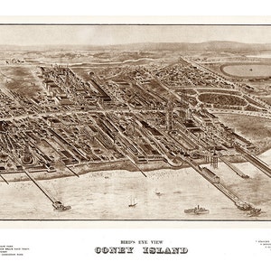 Mappa di Coney Island, New York, NY 1906. Riproduzione di una vecchia mappa murale in stile Deco, realizzata con ferramenta di restauro d'epoca.