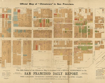 Official map of "Chinatown" in San Francisco, California, CA, 1885. Vintage restoration hardware home Style old wall reproduction map print.