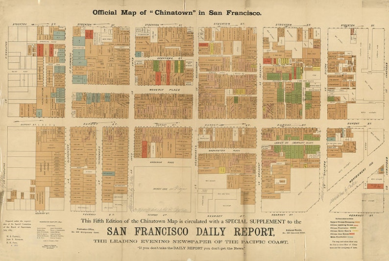 Official map of Chinatown in San Francisco, California, CA, 1885. Vintage restoration hardware home Style old wall reproduction map print. image 1