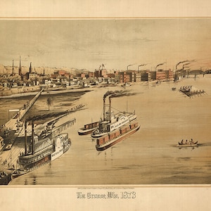Carte de La Crosse, Wisconsin 1867, WI.  Impression de reproduction de carte murale ancienne de style déco pour la maison, quincaillerie de restauration vintage.