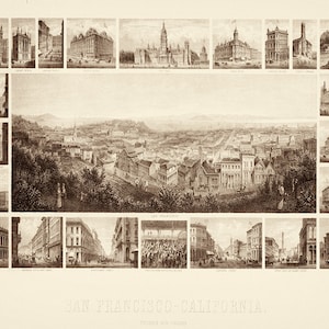 San Francisco umgeben von zweiundzwanzig Vignetten von Gebäuden und Straßenszenen in San Francisco.  Reproduktion der Landkarte aus der Vogelperspektive CA0036