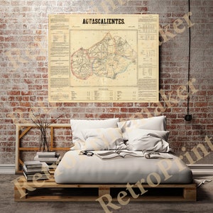 Map of Aguascalientes, Mexico, 1858.  Vintage home Deco Style old wall reproduction map print.