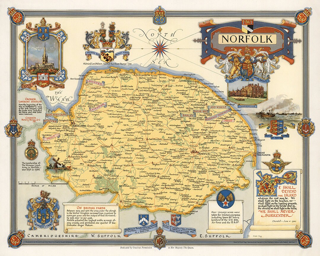 Map Of Norfolk England Uk Vintage Home Deco Style Old Wall Etsy Israel